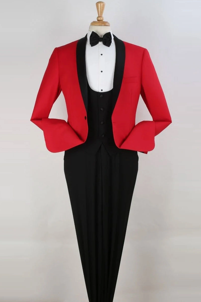Roter Samt-Tuxedo für Herren: Ein Knopf, Schalkragen, Weste, einfach unwiderstehlich.